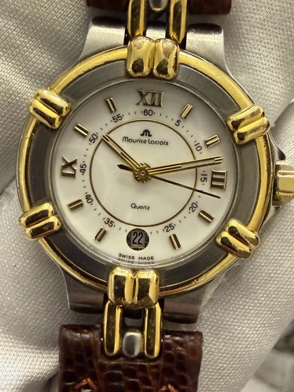 Maurice Lacroix Calypso 75344 Ladies Vintage Swiss Watch Two Tone Date Leather
